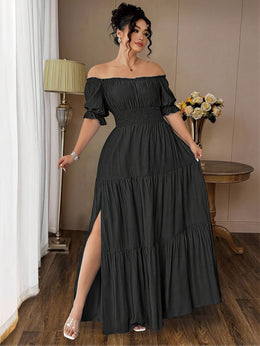 jkthpu-45 Plus Size, Women's Plus Size Elegant Faux Denim Off-Shoulder Maxi Dress - Shirred Ruched Waist with Side Slit, Lantern Short Sleeves & Flared Hem, Machine Washable Casual to Formal All-Season Dress