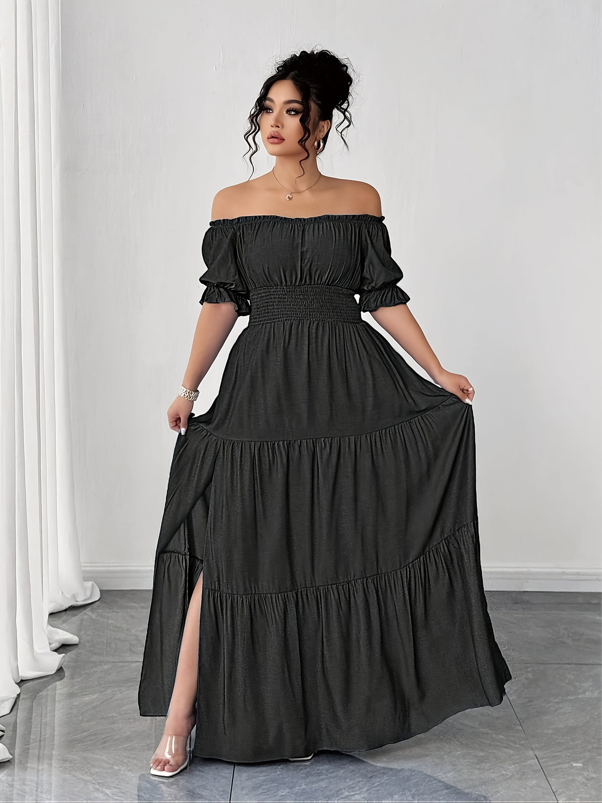 jkthpu-45 Plus Size, Women's Plus Size Elegant Faux Denim Off-Shoulder Maxi Dress - Shirred Ruched Waist with Side Slit, Lantern Short Sleeves & Flared Hem, Machine Washable Casual to Formal All-Season Dress