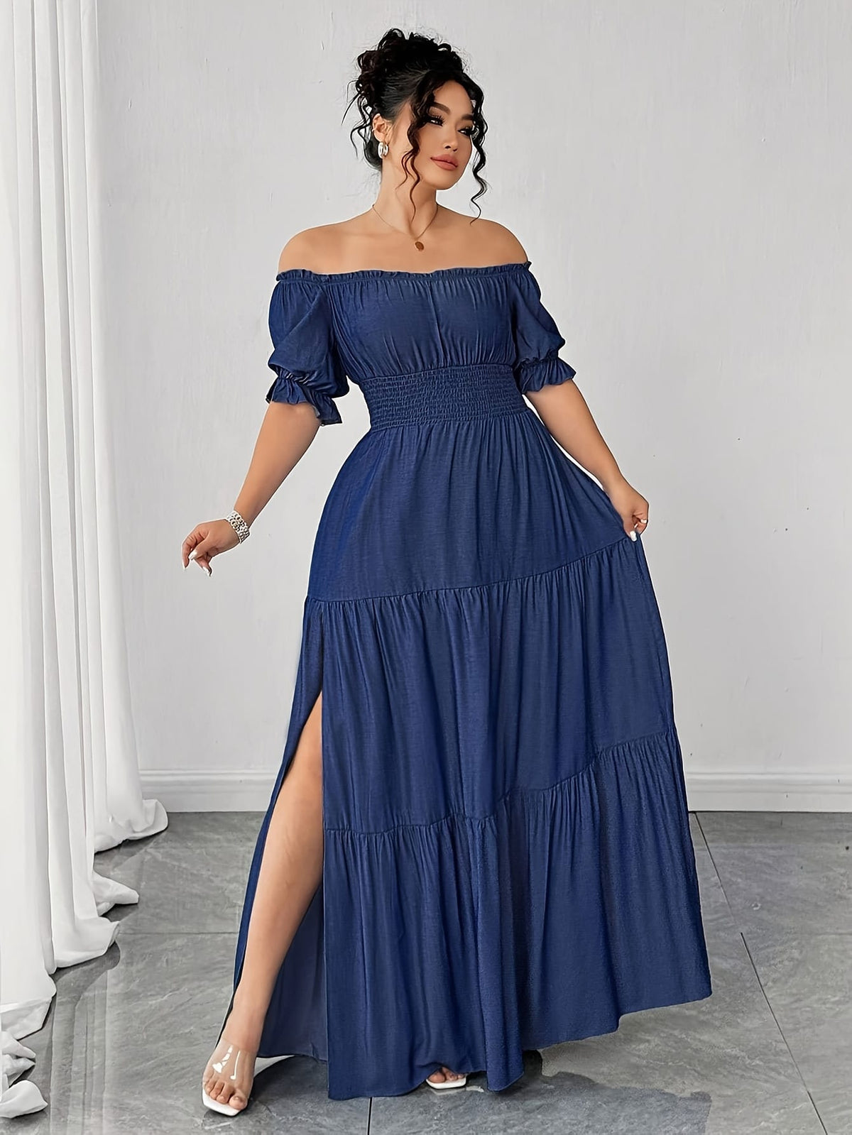 jkthpu-45 Plus Size, Women's Plus Size Elegant Faux Denim Off-Shoulder Maxi Dress - Shirred Ruched Waist with Side Slit, Lantern Short Sleeves & Flared Hem, Machine Washable Casual to Formal All-Season Dress