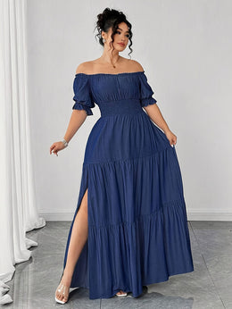 jkthpu-45 Plus Size, Women's Plus Size Elegant Faux Denim Off-Shoulder Maxi Dress - Shirred Ruched Waist with Side Slit, Lantern Short Sleeves & Flared Hem, Machine Washable Casual to Formal All-Season Dress