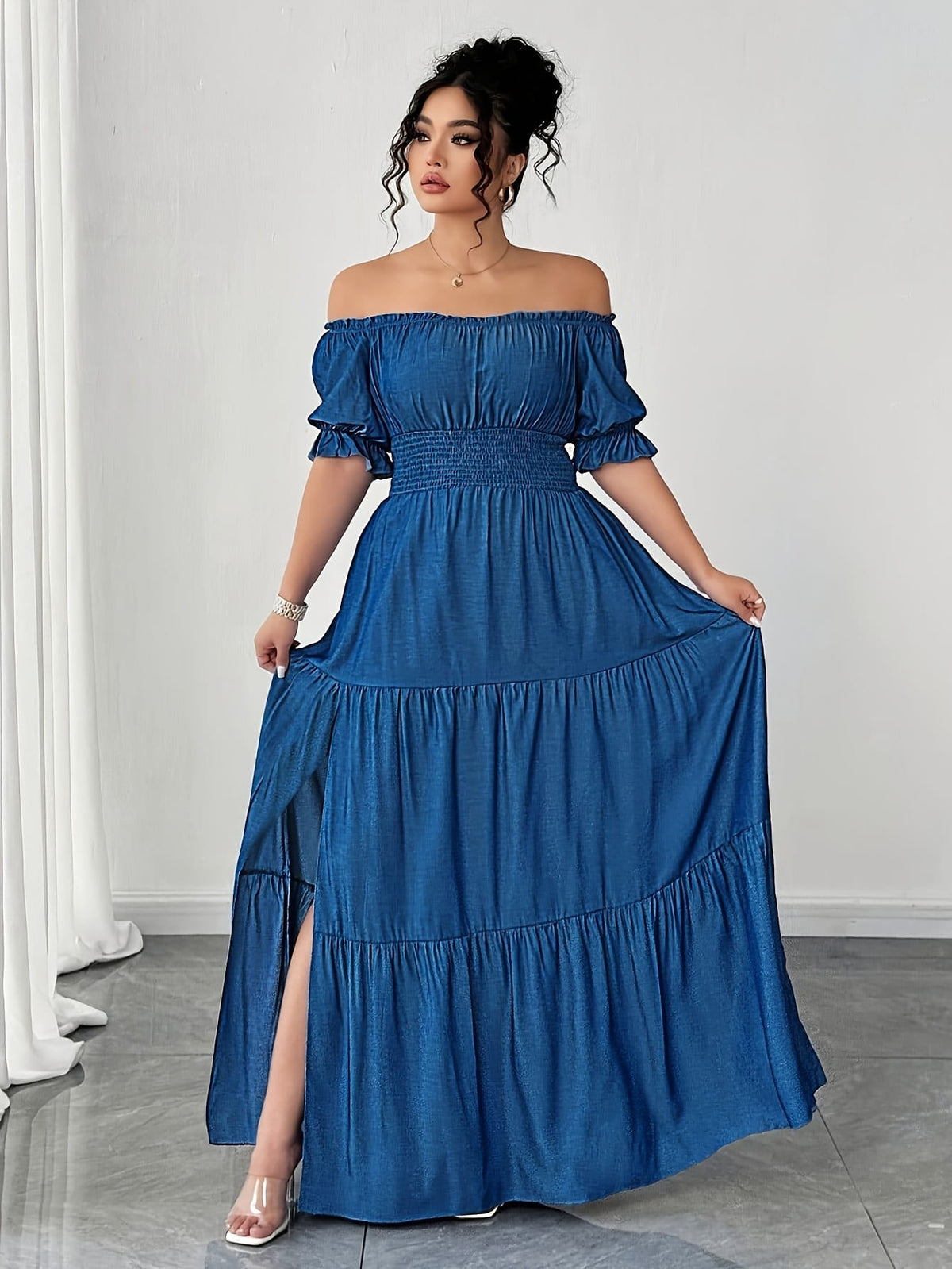 jkthpu-45 Plus Size, Women's Plus Size Elegant Faux Denim Off-Shoulder Maxi Dress - Shirred Ruched Waist with Side Slit, Lantern Short Sleeves & Flared Hem, Machine Washable Casual to Formal All-Season Dress