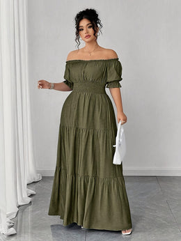 jkthpu-45 Plus Size, Women's Plus Size Elegant Faux Denim Off-Shoulder Maxi Dress - Shirred Ruched Waist with Side Slit, Lantern Short Sleeves & Flared Hem, Machine Washable Casual to Formal All-Season Dress