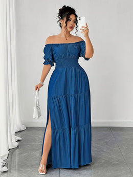 jkthpu-45 Plus Size, Women's Plus Size Elegant Faux Denim Off-Shoulder Maxi Dress - Shirred Ruched Waist with Side Slit, Lantern Short Sleeves & Flared Hem, Machine Washable Casual to Formal All-Season Dress