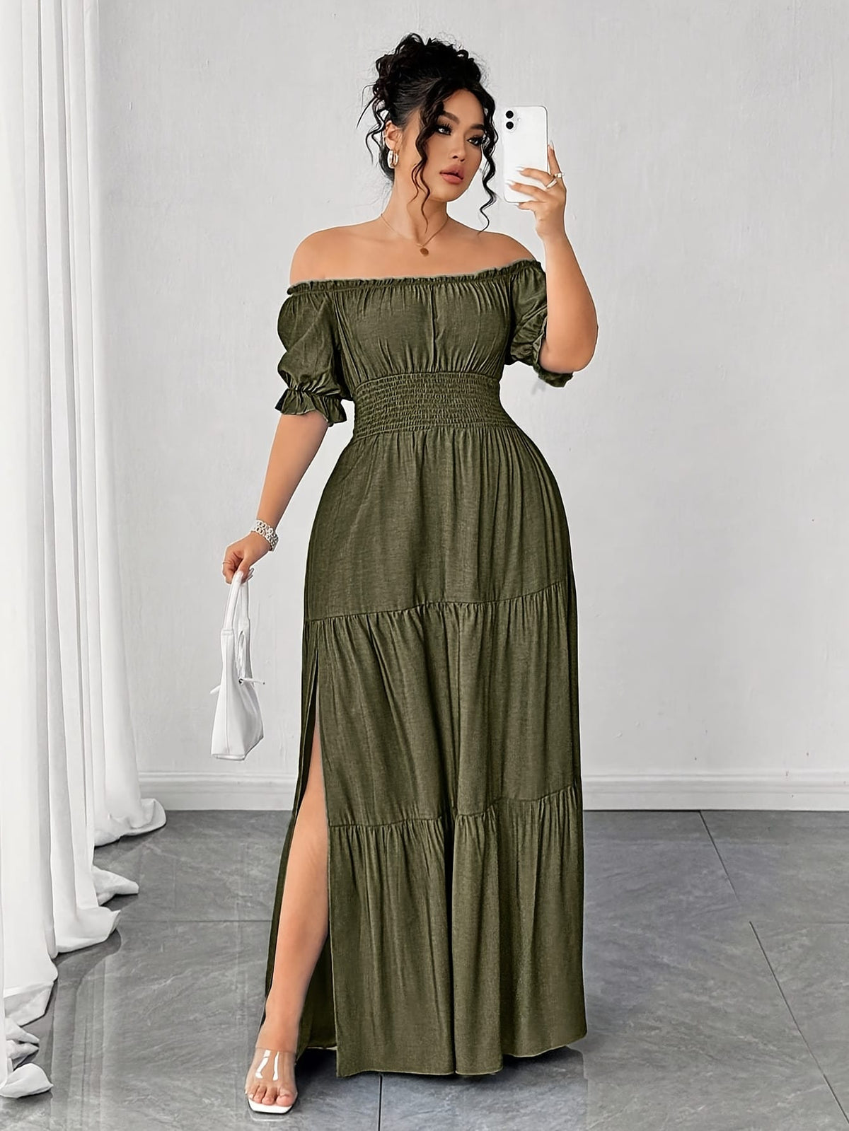jkthpu-45 Plus Size, Women's Plus Size Elegant Faux Denim Off-Shoulder Maxi Dress - Shirred Ruched Waist with Side Slit, Lantern Short Sleeves & Flared Hem, Machine Washable Casual to Formal All-Season Dress