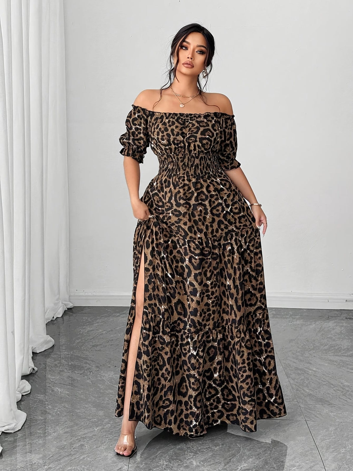 jkthpu-45 Plus Size, Women's Plus Size Elegant Faux Denim Off-Shoulder Maxi Dress - Shirred Ruched Waist with Side Slit, Lantern Short Sleeves & Flared Hem, Machine Washable Casual to Formal All-Season Dress