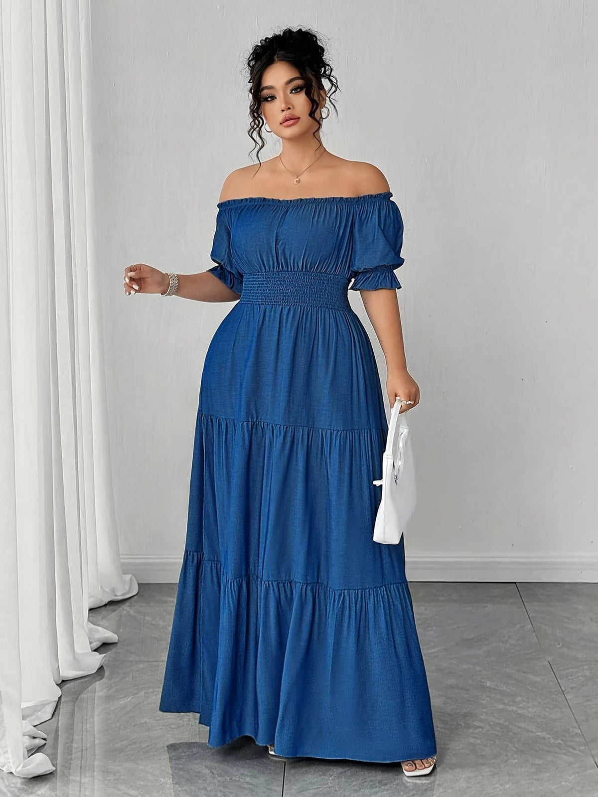 jkthpu-45 Plus Size, Women's Plus Size Elegant Faux Denim Off-Shoulder Maxi Dress - Shirred Ruched Waist with Side Slit, Lantern Short Sleeves & Flared Hem, Machine Washable Casual to Formal All-Season Dress
