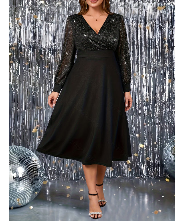 jkthpu-45 Plus Size, Women's Plus Size Elegant Floor-Length/Short Length (A-Line/Mermaid) Floor-Length Jumper Dress - V-Neck A-Line/Mermaid/Flared Hem - Machine Washable Floor-Length Party Wedding Gala Evening Gown - Fall Winter Formal Party Dress - Fit - Black wit