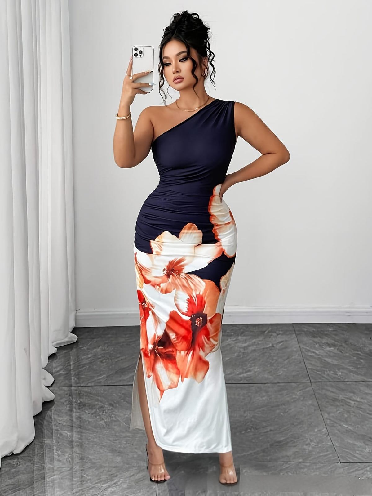 jkthpu-45 Plus Size, Women's Plus Size Elegant Floor-Length Sleeveless Mermaid Gown - A-Line Floor-Length Maxi Dress with Asymmetrical Hem Slit, Wrinkle-Resistant Fabric & Single-Shoulder Neckline for Beach Weddings, Prom, Formal Events - All-Season Stretchy Formal
