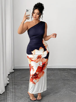 jkthpu-45 Plus Size, Women's Plus Size Elegant Floor-Length Sleeveless Mermaid Gown - A-Line Floor-Length Maxi Dress with Asymmetrical Hem Slit, Wrinkle-Resistant Fabric & Single-Shoulder Neckline for Beach Weddings, Prom, Formal Events - All-Season Stretchy Formal