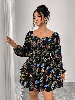 jkthpu-45 Plus Size, Women's Plus Size Elegant Floral Print Maxi Dress - Long Sleeve A-Line H-Line Silhouette with Square Neck & Puff Sleeves, Floor-Length Formal & Semi-Formal Party Wedding Guest Dress, Machine Washable All-Season Outfit, Relaxed Fit with Layered