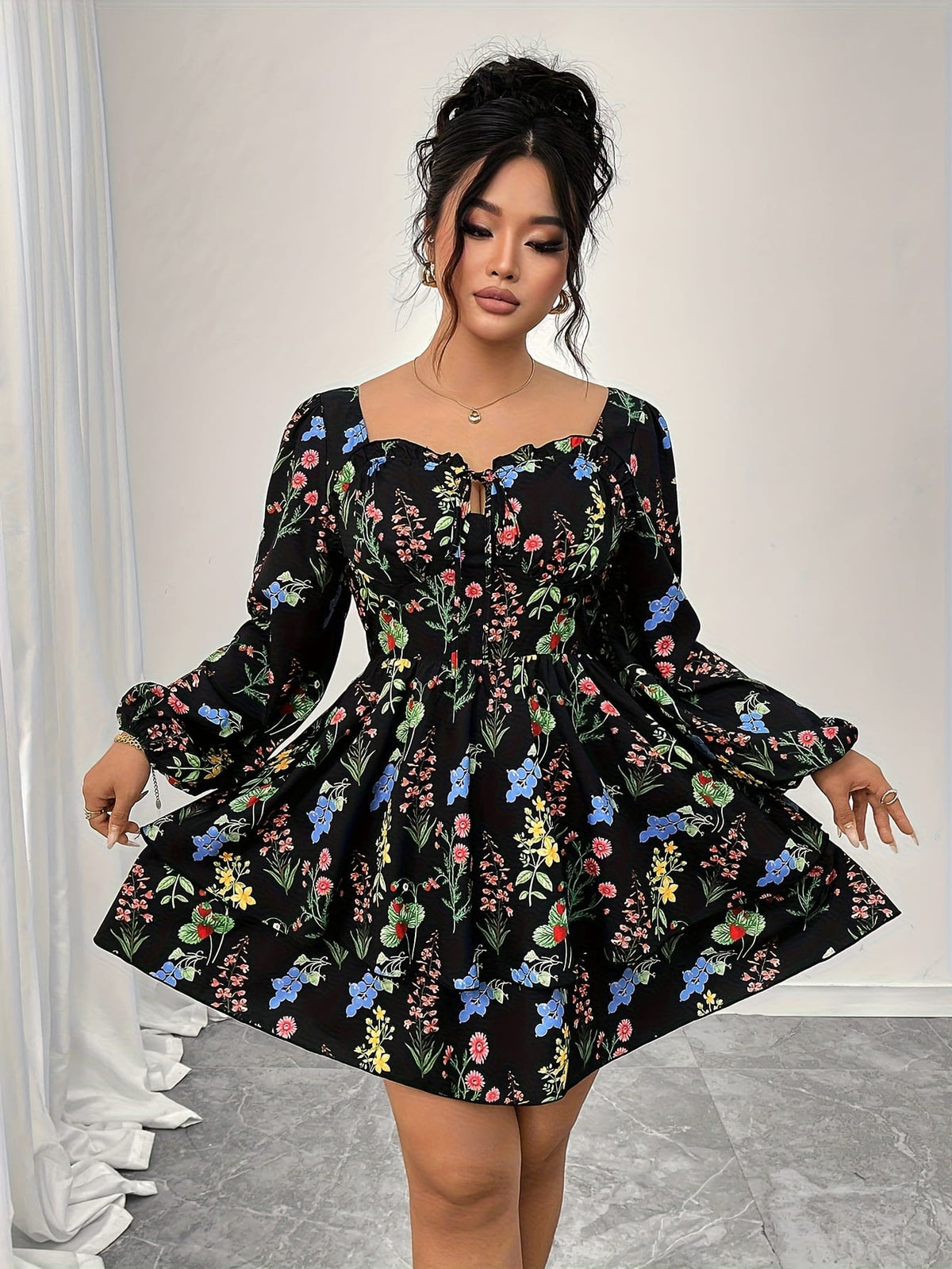 jkthpu-45 Plus Size, Women's Plus Size Elegant Floral Print Maxi Dress - Long Sleeve A-Line H-Line Silhouette with Square Neck & Puff Sleeves, Floor-Length Formal & Semi-Formal Party Wedding Guest Dress, Machine Washable All-Season Outfit, Relaxed Fit with Layered
