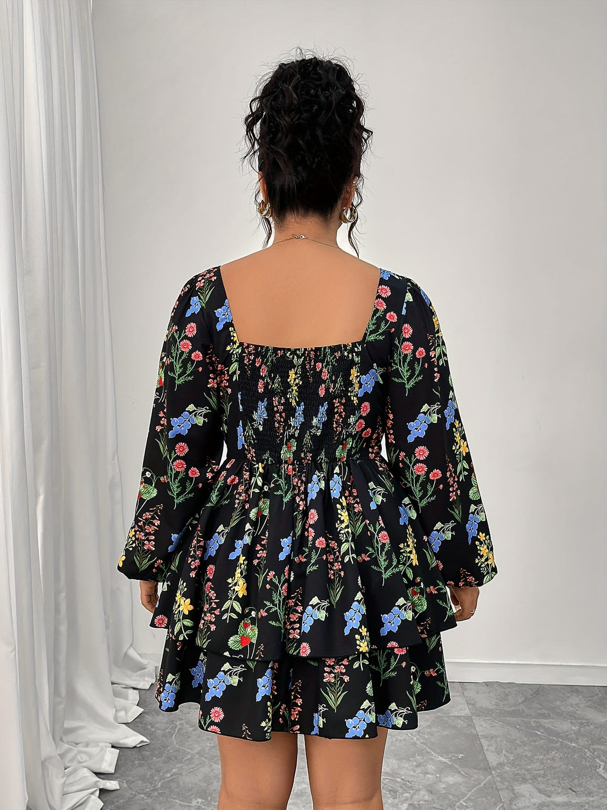 jkthpu-45 Plus Size, Women's Plus Size Elegant Floral Print Maxi Dress - Long Sleeve A-Line H-Line Silhouette with Square Neck & Puff Sleeves, Floor-Length Formal & Semi-Formal Party Wedding Guest Dress, Machine Washable All-Season Outfit, Relaxed Fit with Layered