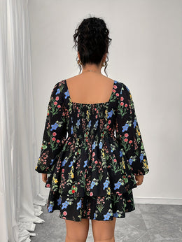 jkthpu-45 Plus Size, Women's Plus Size Elegant Floral Print Maxi Dress - Long Sleeve A-Line H-Line Silhouette with Square Neck & Puff Sleeves, Floor-Length Formal & Semi-Formal Party Wedding Guest Dress, Machine Washable All-Season Outfit, Relaxed Fit with Layered