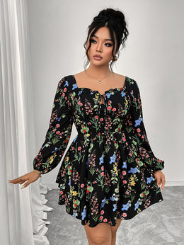 jkthpu-45 Plus Size, Women's Plus Size Elegant Floral Print Maxi Dress - Long Sleeve A-Line H-Line Silhouette with Square Neck & Puff Sleeves, Floor-Length Formal & Semi-Formal Party Wedding Guest Dress, Machine Washable All-Season Outfit, Relaxed Fit with Layered