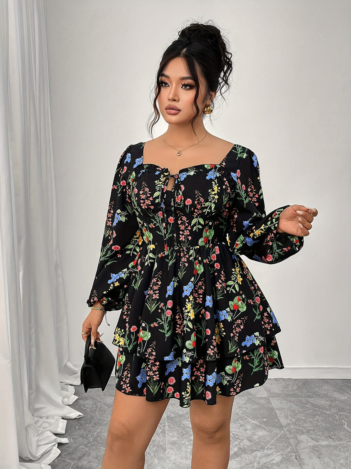 jkthpu-45 Plus Size, Women's Plus Size Elegant Floral Print Maxi Dress - Long Sleeve A-Line H-Line Silhouette with Square Neck & Puff Sleeves, Floor-Length Formal & Semi-Formal Party Wedding Guest Dress, Machine Washable All-Season Outfit, Relaxed Fit with Layered