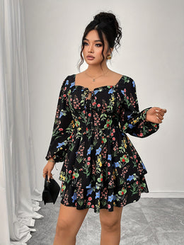 jkthpu-45 Plus Size, Women's Plus Size Elegant Floral Print Maxi Dress - Long Sleeve A-Line H-Line Silhouette with Square Neck & Puff Sleeves, Floor-Length Formal & Semi-Formal Party Wedding Guest Dress, Machine Washable All-Season Outfit, Relaxed Fit with Layered