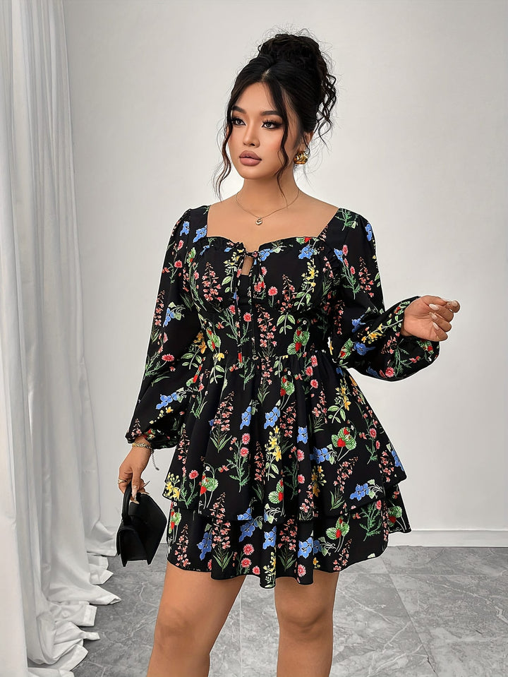 Plus Size, Women's Plus Size Elegant Floral Print Maxi Dress - Long Sleeve A-Line H-Line Silhouette with Square Neck & Puff Sleeves, Floor-Length Formal & Semi-Formal Party Wedding Guest Dress, Machine Washable All-Season Outfit, Relaxed Fit with Layered
