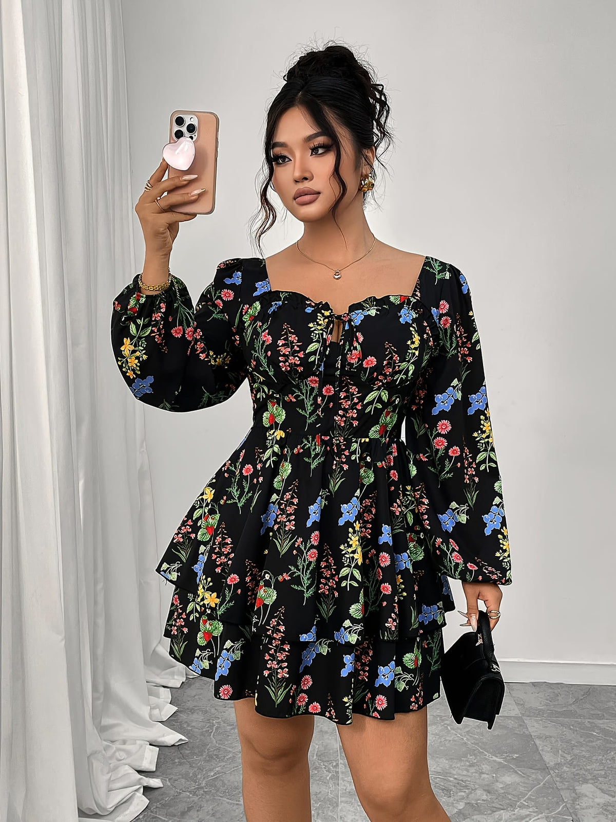 jkthpu-45 Plus Size, Women's Plus Size Elegant Floral Print Maxi Dress - Long Sleeve A-Line H-Line Silhouette with Square Neck & Puff Sleeves, Floor-Length Formal & Semi-Formal Party Wedding Guest Dress, Machine Washable All-Season Outfit, Relaxed Fit with Layered