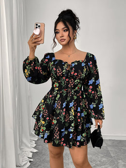 jkthpu-45 Plus Size, Women's Plus Size Elegant Floral Print Maxi Dress - Long Sleeve A-Line H-Line Silhouette with Square Neck & Puff Sleeves, Floor-Length Formal & Semi-Formal Party Wedding Guest Dress, Machine Washable All-Season Outfit, Relaxed Fit with Layered