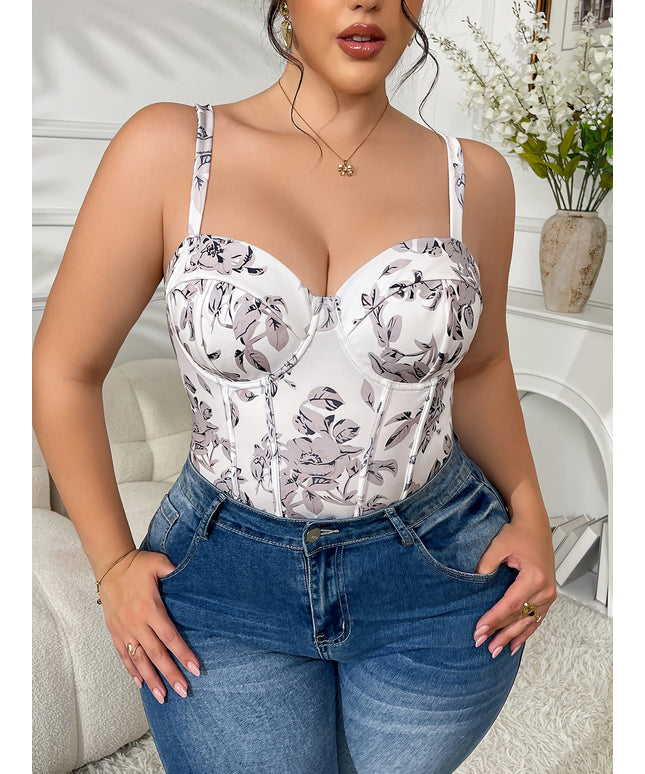 jkthpu-45 Plus Size - Women'S Plus Size Elegant Floral Print V-Neck Off-Shoulder Long Sleeveless Bodysuit - Stretchy Slim Fit All-Season Versatile Top for Casual & Formal Wear, Floral Print Blouse, Formal Attire, Breezy Fashion, Sleek Silhouette, Comfortable Wear