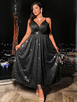 jkthpu-45 Plus Size, Women's Plus Size Elegant -Length Evening Gown - Shiny Sequin & Sparkling A-Line Maxi Dress with Full, Machine Washable & Wrinkle-Resistant for Prom, Galas, Weddings - All-Season Formal Party Dress with V-Neckline & A-Line Silhouette, Chic & So