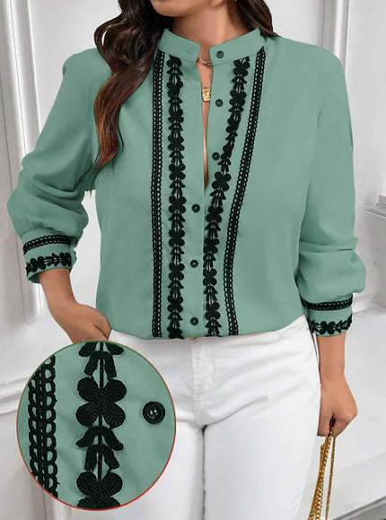KissICON Plus Size, Women's Plus Size Elegant Navy Blue Blouse - Long Sleeve Button-front Shirt with Lace-like trim, Non-Stretch Office Formal Tops for Women, Machine Washable Elegant Shirt for Fall/Winter Wardrobe, Winter Fashion, Cl