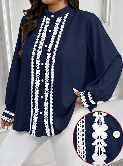 KissICON Plus Size, Women's Plus Size Elegant Navy Blue Blouse - Long Sleeve Button-front Shirt with Lace-like trim, Non-Stretch Office Formal Tops for Women, Machine Washable Elegant Shirt for Fall/Winter Wardrobe, Winter Fashion, Cl