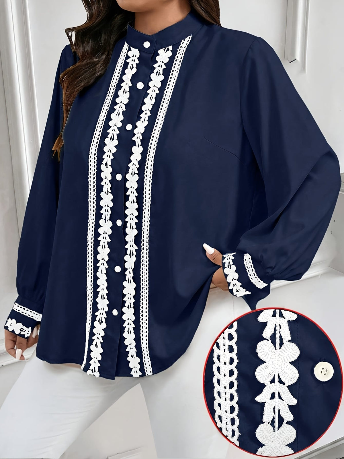 KissICON Plus Size, Women's Plus Size Elegant Navy Blue Blouse - Long Sleeve Button-front Shirt with Lace-like trim, Non-Stretch Office Formal Tops for Women, Machine Washable Elegant Shirt for Fall/Winter Wardrobe, Winter Fashion, Cl