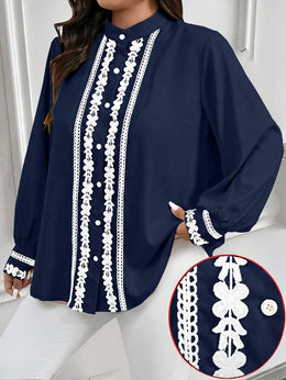 KissICON Plus Size, Women's Plus Size Elegant Navy Blue Blouse - Long Sleeve Button-front Shirt with Lace-like trim, Non-Stretch Office Formal Tops for Women, Machine Washable Elegant Shirt for Fall/Winter Wardrobe, Winter Fashion, Cl