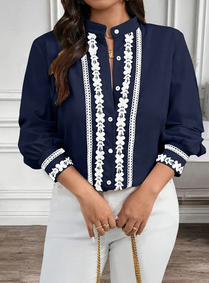 KissICON Plus Size, Women's Plus Size Elegant Navy Blue Blouse - Long Sleeve Button-front Shirt with Lace-like trim, Non-Stretch Office Formal Tops for Women, Machine Washable Elegant Shirt for Fall/Winter Wardrobe, Winter Fashion, Cl