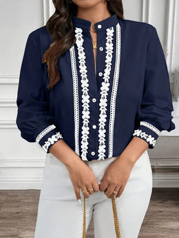 KissICON Plus Size, Women's Plus Size Elegant Navy Blue Blouse - Long Sleeve Button-front Shirt with Lace-like trim, Non-Stretch Office Formal Tops for Women, Machine Washable Elegant Shirt for Fall/Winter Wardrobe, Winter Fashion, Cl