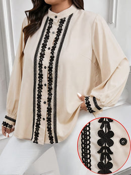KissICON Plus Size, Women's Plus Size Elegant Navy Blue Blouse - Long Sleeve Button-front Shirt with Lace-like trim, Non-Stretch Office Formal Tops for Women, Machine Washable Elegant Shirt for Fall/Winter Wardrobe, Winter Fashion, Cl