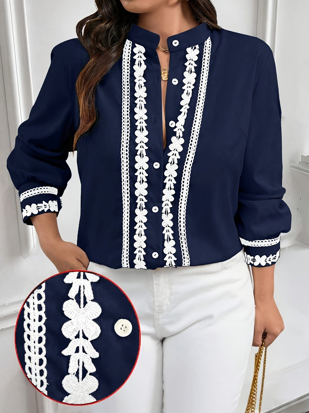 KissICON Plus Size, Women's Plus Size Elegant Navy Blue Blouse - Long Sleeve Button-front Shirt with Lace-like trim, Non-Stretch Office Formal Tops for Women, Machine Washable Elegant Shirt for Fall/Winter Wardrobe, Winter Fashion, Cl