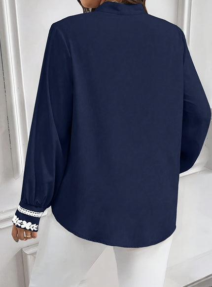 KissICON Plus Size, Women's Plus Size Elegant Navy Blue Blouse - Long Sleeve Button-front Shirt with Lace-like trim, Non-Stretch Office Formal Tops for Women, Machine Washable Elegant Shirt for Fall/Winter Wardrobe, Winter Fashion, Cl
