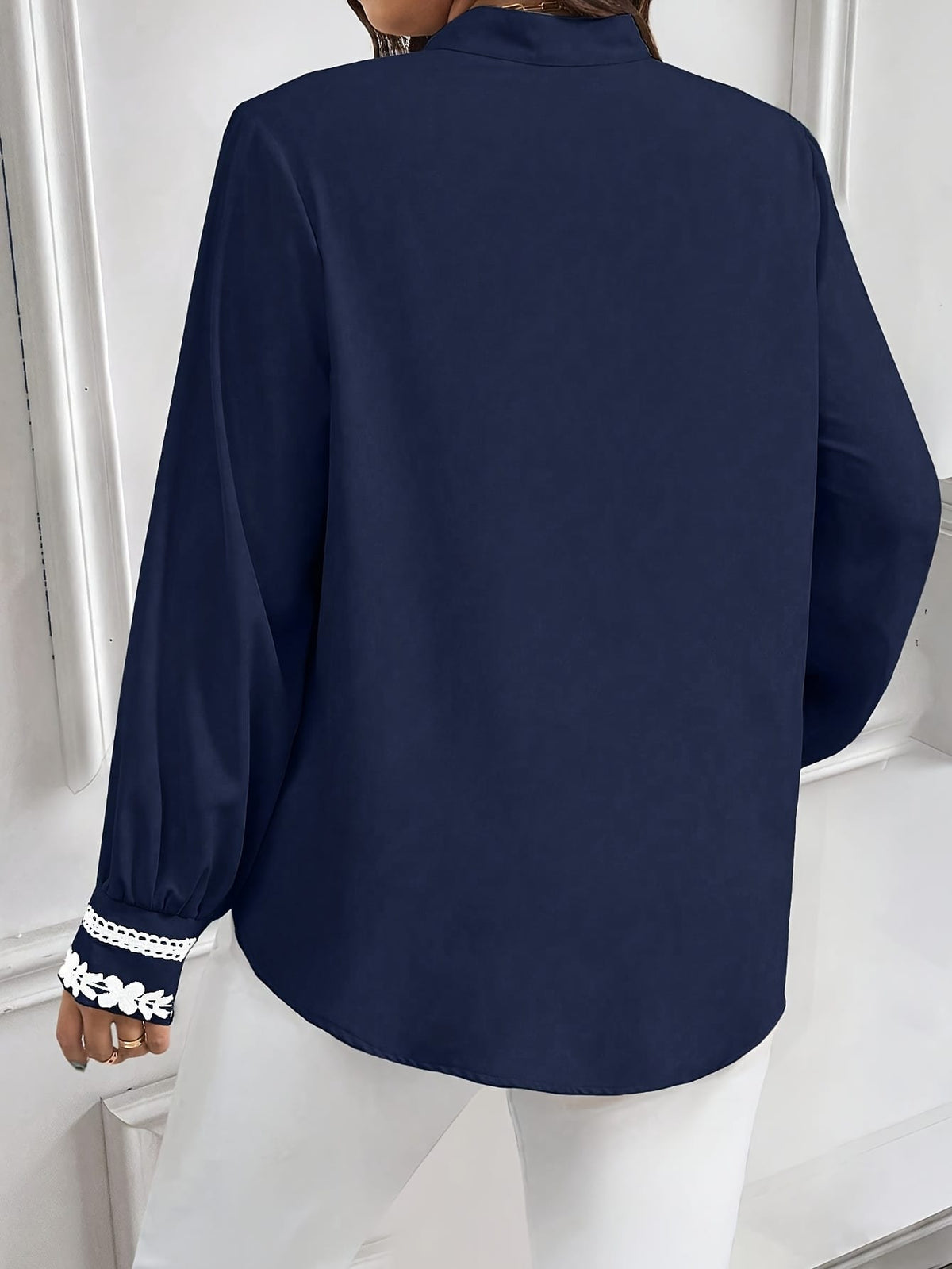 KissICON Plus Size, Women's Plus Size Elegant Navy Blue Blouse - Long Sleeve Button-front Shirt with Lace-like trim, Non-Stretch Office Formal Tops for Women, Machine Washable Elegant Shirt for Fall/Winter Wardrobe, Winter Fashion, Cl