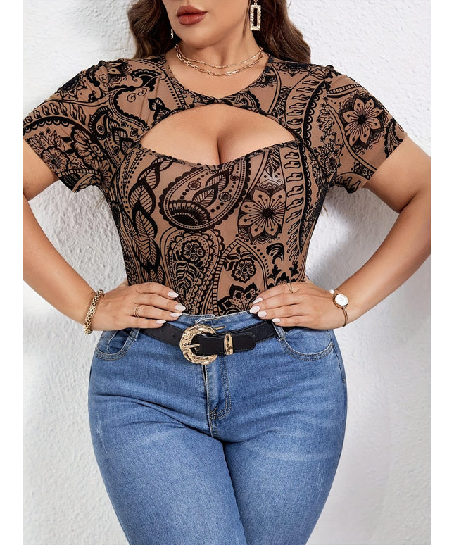 jkthpu-45 Plus Size, Women's Plus Size Elegant Sexy T-Shirt - Stretchy Summer Top with Paisley-like Floral pattern, Non-See-Through Fabric for Formal & Casual Outfits - Machine Washable Everyday & Special Occasion Blouse, Versatile Clothing, Comfortable Fit, Printe