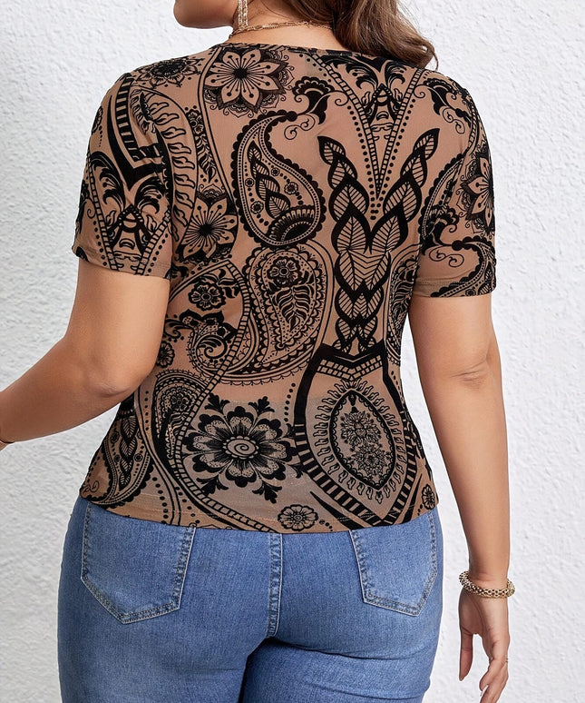 jkthpu-45 Plus Size, Women's Plus Size Elegant Sexy T-Shirt - Stretchy Summer Top with Paisley-like Floral pattern, Non-See-Through Fabric for Formal & Casual Outfits - Machine Washable Everyday & Special Occasion Blouse, Versatile Clothing, Comfortable Fit, Printe