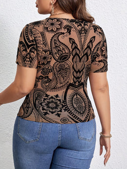 jkthpu-45 Plus Size, Women's Plus Size Elegant Sexy T-Shirt - Stretchy Summer Top with Paisley-like Floral pattern, Non-See-Through Fabric for Formal & Casual Outfits - Machine Washable Everyday & Special Occasion Blouse, Versatile Clothing, Comfortable Fit, Printe