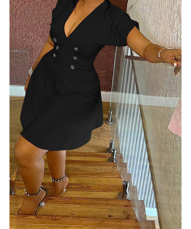 jkthpu-45 Plus Size, Women's Plus Size Elegant V-Neck Short Sleeve A-Line Dress with Faux Button Closure - Solid Black Floor-Length or Above-Knee Length Options, Machine Washable & Wrinkle-Resistant Fabric for Casual to Formal Events, Summer Party Wedding Everyday