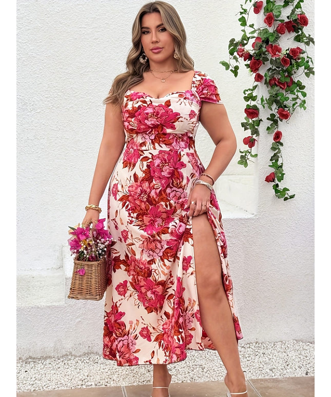 jkthpu-45 Plus Size, Women's Plus Size Floral maxi dress - Flowy A-Line Formal & casual event gown, Machine Washable Elegant curve-hugging party Wedding Outfit for Women, Dresses for Wedding, Special Occasion Attire, Offshoulder Neckline, Relaxed Fit Gown, Lightwei