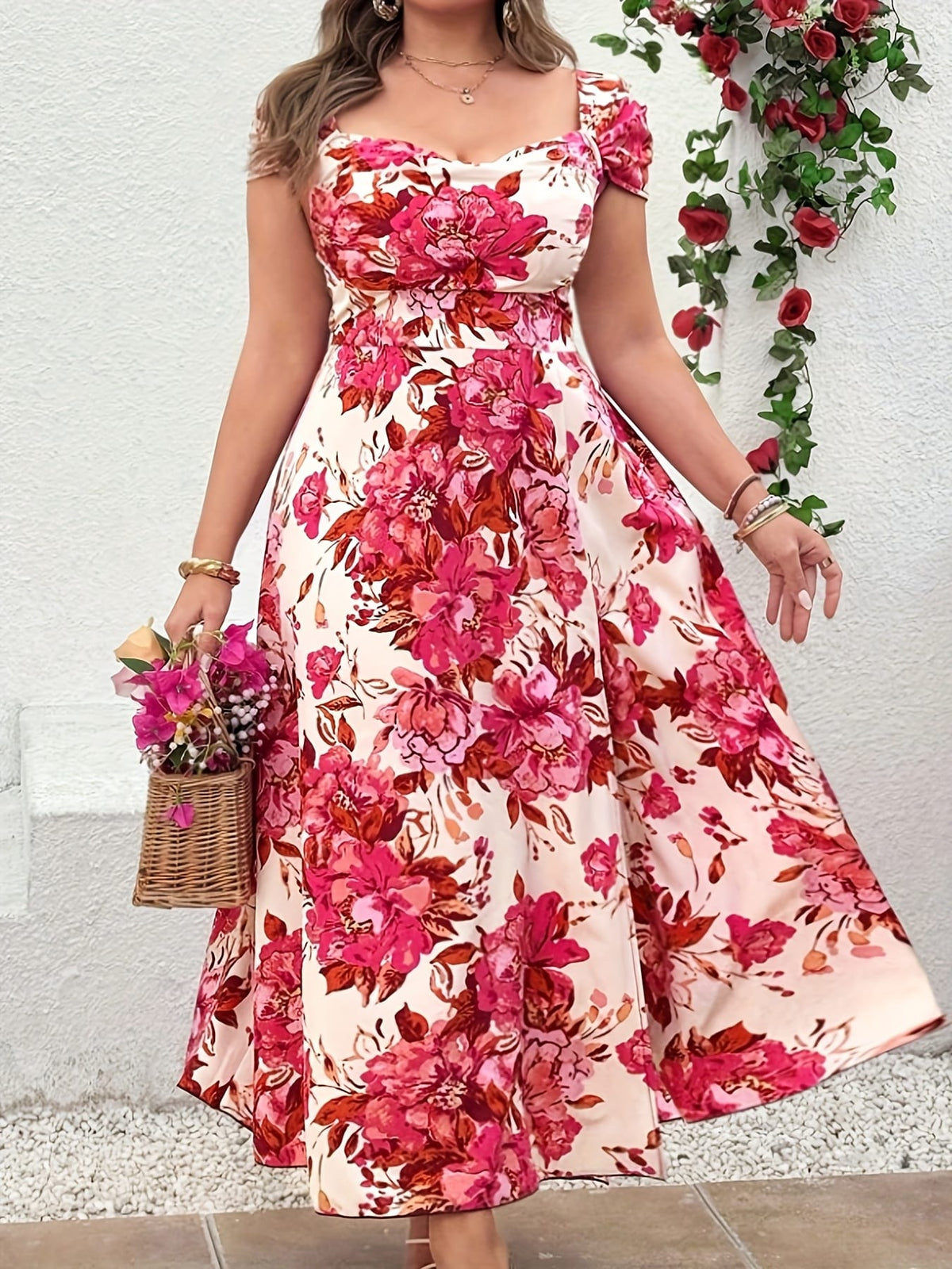 jkthpu-45 Plus Size, Women's Plus Size Floral maxi dress - Flowy A-Line Formal & casual event gown, Machine Washable Elegant curve-hugging party Wedding Outfit for Women, Dresses for Wedding, Special Occasion Attire, Offshoulder Neckline, Relaxed Fit Gown, Lightwei