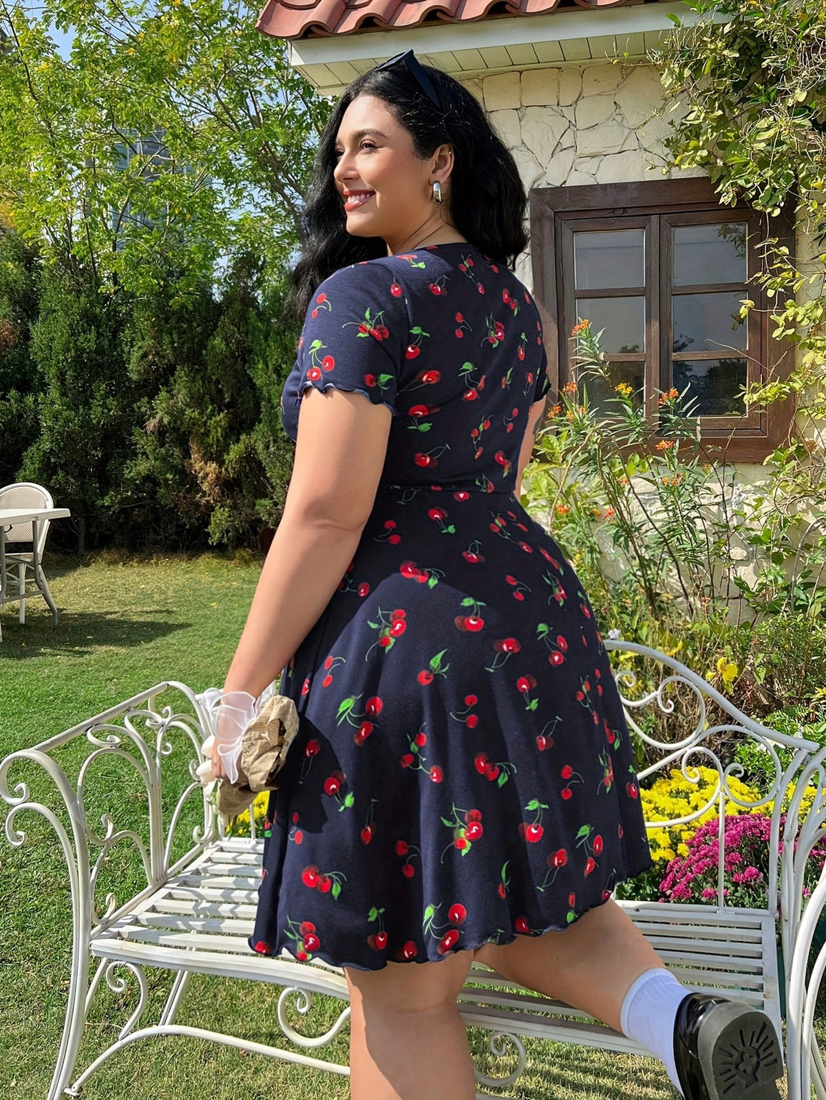 jkthpu-45 Plus Size, Women's Plus Size Floral - Navy blue A-Line dress, Knee-Length party & casual Outfit with Elastic Waist, Flared Hem for Curvy Women - Machine Washable Summer Dress, Ditsy Floral Print Dress