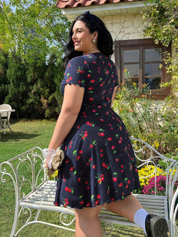 jkthpu-45 Plus Size, Women's Plus Size Floral - Navy blue A-Line dress, Knee-Length party & casual Outfit with Elastic Waist, Flared Hem for Curvy Women - Machine Washable Summer Dress, Ditsy Floral Print Dress