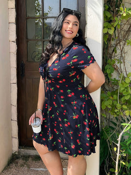 jkthpu-45 Plus Size, Women's Plus Size Floral - Navy blue A-Line dress, Knee-Length party & casual Outfit with Elastic Waist, Flared Hem for Curvy Women - Machine Washable Summer Dress, Ditsy Floral Print Dress