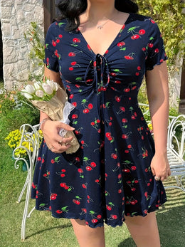 jkthpu-45 Plus Size, Women's Plus Size Floral - Navy blue A-Line dress, Knee-Length party & casual Outfit with Elastic Waist, Flared Hem for Curvy Women - Machine Washable Summer Dress, Ditsy Floral Print Dress
