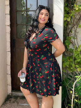 jkthpu-45 Plus Size, Women's Plus Size Floral - Navy blue A-Line dress, Knee-Length party & casual Outfit with Elastic Waist, Flared Hem for Curvy Women - Machine Washable Summer Dress, Ditsy Floral Print Dress
