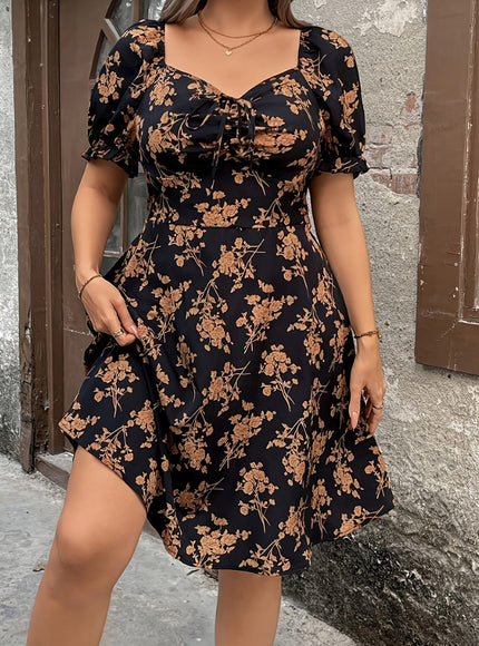 jkthpu-45 Plus Size, Women's Plus Size Floral print - Elegant Floral dress, Black &, Flared hem for Formal & Everyday Events - All-Season Non-Stretchy Party & Office Outfit, Floral Print Dress, Allseason Clothing, Fitted Waist