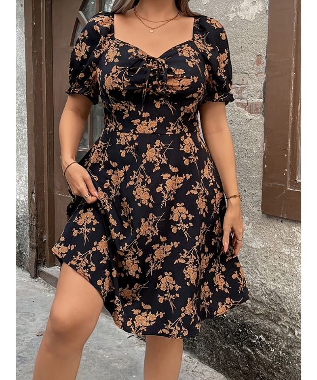 jkthpu-45 Plus Size, Women's Plus Size Floral print - Elegant Floral dress, Black &, Flared hem for Formal & Everyday Events - All-Season Non-Stretchy Party & Office Outfit, Floral Print Dress, Allseason Clothing, Fitted Waist