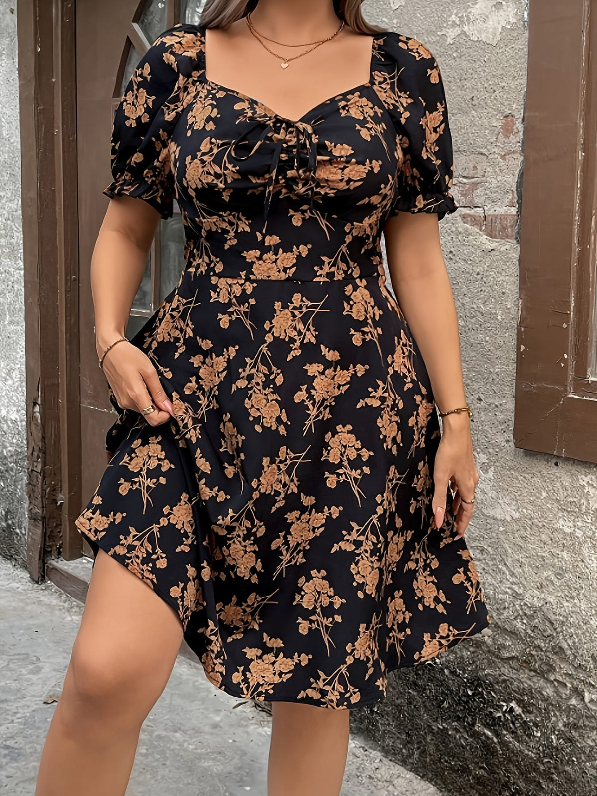 jkthpu-45 Plus Size, Women's Plus Size Floral print - Elegant Floral dress, Black &, Flared hem for Formal & Everyday Events - All-Season Non-Stretchy Party & Office Outfit, Floral Print Dress, Allseason Clothing, Fitted Waist