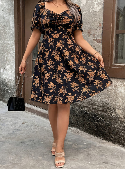 jkthpu-45 Plus Size, Women's Plus Size Floral print - Elegant Floral dress, Black &, Flared hem for Formal & Everyday Events - All-Season Non-Stretchy Party & Office Outfit, Floral Print Dress, Allseason Clothing, Fitted Waist